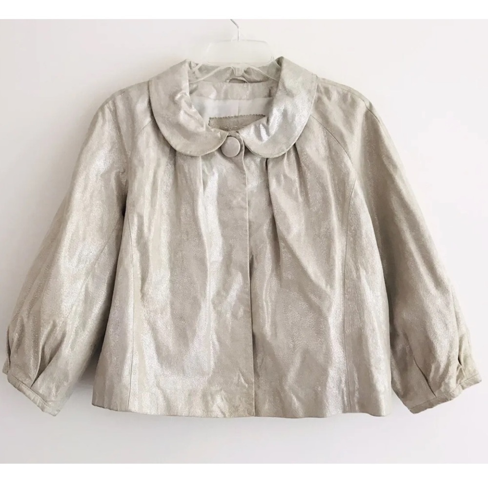 Kuang Huei | Leather Jacket Womens Size XL Beige Metallic 3/4 Bell Sleeves Crop